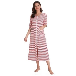 RH Women Zipper Robe Loungewear Striped 3/4 Nightgown Pockets Housecoat RHW2899 - Picture 1 of 11