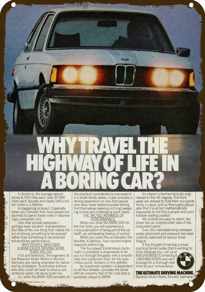 1979 BMW 320i ЗАЧЕМ ВОДИТЬ СКУЧНЫЙ АВТОМОБИЛЬ? Винтажный вид декоративная копия металлический знак - Изображение 1 из 1