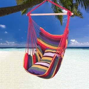 Hammock Chair Swing Hanging Rope Net Porch Patio Outdoor with 2 Cushions Rainbow - Picture 1 of 12