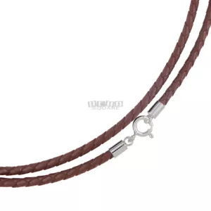 Collana in argento sterling 3 mm treccia marrone vera pelle corda chiusura anello a molla - Foto 1 di 2