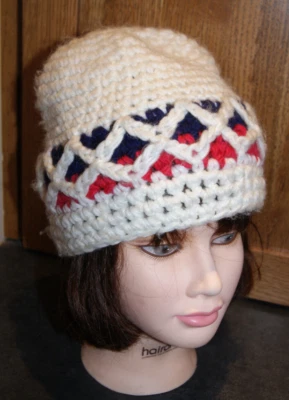 Sombrero de invierno para mujer tejido a mano vintage años 70 retro gorro blanco con azul rojo Foto 1 de 4