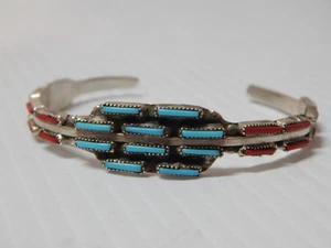 EXCELENTE BRAZALETE VINTAGE ZUNI INDIO PLATA ESTERLINA CORAL TURQUESA PUNTO PEQUEÑO - Imagen 1 de 5
