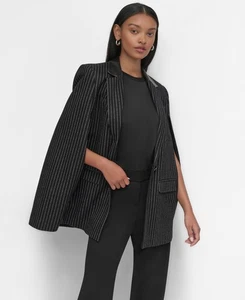 Dkny Pinstriped Cape Jacket Women's Size Medium Black & White Button Front - Picture 1 of 14