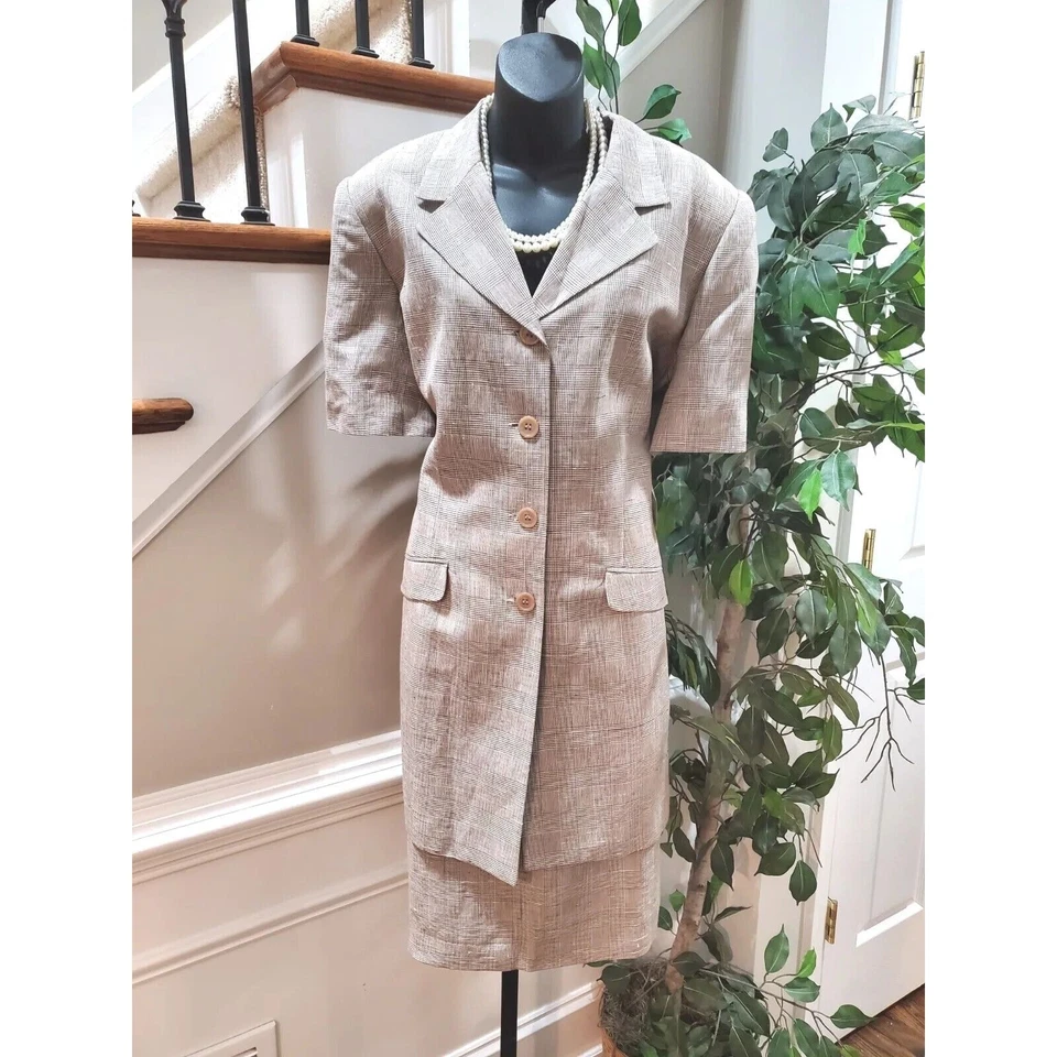 Blazer y falda Herman Geist para mujer beige de lino de un solo pecho 2 piezas traje talla 16 Foto 1 de 4