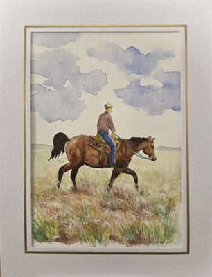 Pintura ORIGINAL de equitación sobre marco de papel y papel con forro dorado y caballete Foto 1 de 4