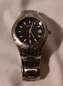 Vintage Fossil Blue AM-4065 Watch Date Stainless Black Dial Quartz Analog Sm 7" - Picture 1 of 11