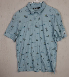 Mens Travis Mathew Short Sleeve Shirt Size L Blue Birds Sharks All Over Pima - Picture 1 of 8