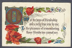 VINTAGE GEPRÄGTE FREUNDSCHAFT ANSICHTSKARTE - BLUMEN UND SPRUCH - Bild 1 von 2