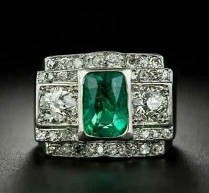Art Deco Style Lab Created Diamond Emerald Wedding Ring 14K White Gold FN - Picture 1 of 8