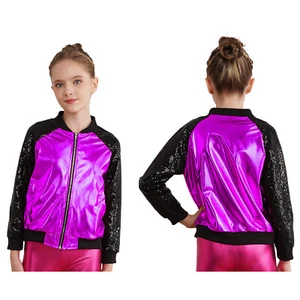 Girls Boys Metallic Bomber Moto Jacket Coat Hip Hop Jazz Modern Dance Disco Top - Picture 1 of 117