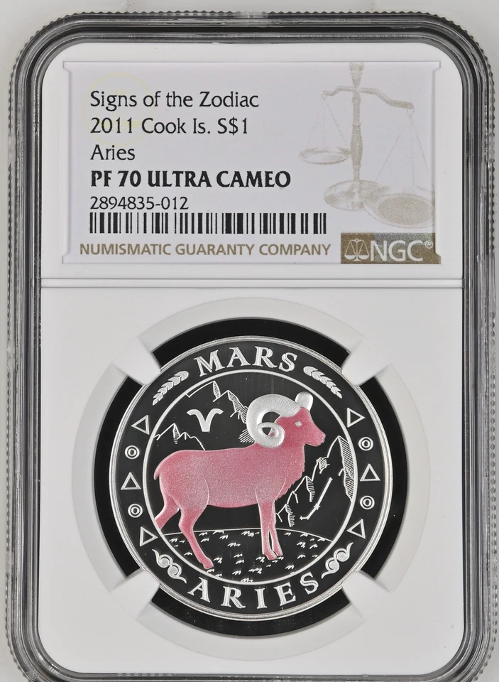 1 dólar 2011 Cook Island signos del zodiaco Aries prueba de plata NGC PF70 Foto 1 de 4