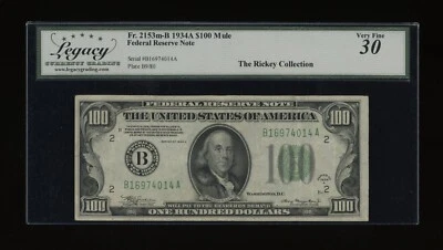 DBR 1934-A $100 FRN New York Mule Fr. 2153-Bm Legacy 30 Serial B16974014A - Image 1 of 2