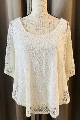 CB Established 1962 White Lace Blouse Lined Overlay Short Dolman Sleeves PXL - Image 1 of 4