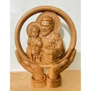 Saint Joseph holding Jesus - Wooden carving picture, Religious statue wall decor - Picture 1 of 3