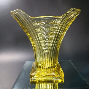 Art Deco ~ Val St Lambert Luxval Stil ~ gelbes Glas gerippt Vase ~ Mid Century - Bild 1 von 15