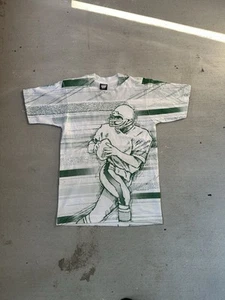 Vintage 90s Screen Stars Football All Over Print Green White Shirt Size Small - Picture 1 of 4