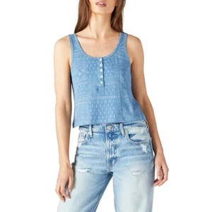 Lucky Brand Women's Washed Blue Cotton Printed Boho Henley Tank Top Size L - Picture 1 of 3