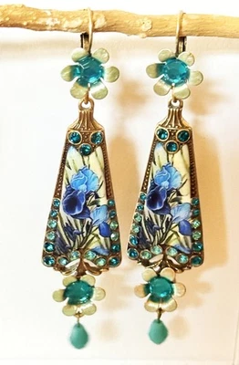 Pendientes colgantes florales esmalte iris azul Art Nouveau diamantes de imitación aguamarina boho Foto 1 de 4