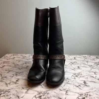 Botas de montar Michael Kors para niñas - imitación de cuero negro y marrón, talla 2 Foto 1 de 4
