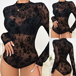 Women Sexy Valentine's Day Bodycon Top Lace Floral Transparent Party Bodysuit