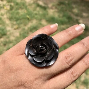 Ebony Wood Rose Flower Carved Handmade Ring, 30 mm dia, US 9 Ring Size - Picture 1 of 7