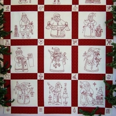 Bird Brain Designs ~ HERE COMES SANTA REDWORK QUILT ~ EMBROIDERY REDWORK BBD 250 - Image 1 of 2