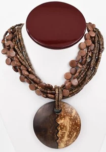 Silver Plate Multi-Strand Wood & Glass Bead Necklace w/ Wood Pendant 18-22" - Picture 1 of 14