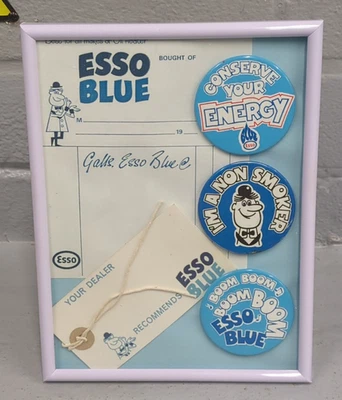 A5 Framed ESSO Blue 3 Badges Receipt & Tag Esso Boom Paraffin / Kerosene - Image 1 of 4