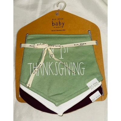 Rae Dunn Baby My 1st Thanksgiving Bandana Bib Set 3 Verde Branco Borgonha - Imagem 1 de 2