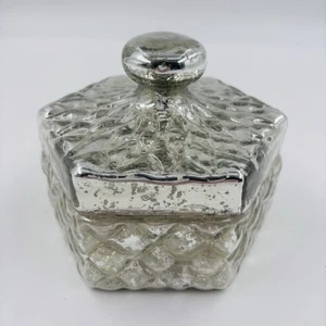Pottery Barn Mercury Glass Silver Metallic Glass Trinket Jar Box With Lid - Picture 1 of 12