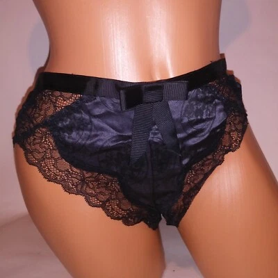 Victoria Secret Panty Tanga Grande Negro 100% Seda Medallón Estampado Encaje Borde 2008 Foto 1 de 4