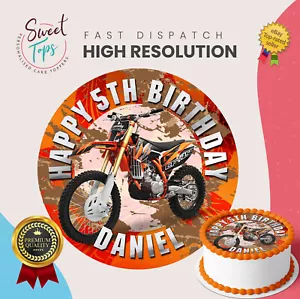 DIRTBIKE PERSONALISIERT RUND ESSBAR GEBURTSTAG KUCHENAUFLEGER DEKORATION - ORANGE - Bild 1 von 1