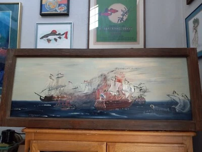Vintage Beautiful Original Large Ocean Battleships at War Framed Oil Painting - Image 1 of 4