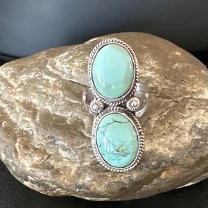 Women Blue Dry Creek Turquoise 2 Stone Navajo Sterling Silver Ring Sz 10 16739 - Picture 1 of 12