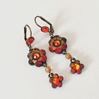 Michal Negrin Earrings Shades Of Orange Red Long Flower With Swarovski Crystals