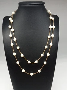 1928 Gold Tone Layered Simulated Pearls Stations Necklace - Picture 1 of 10