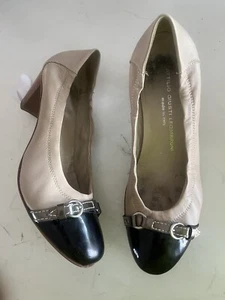 AGL Attilio Giusti Leombruni Biege Black Leather Buckle Pumps Size 40 - Picture 1 of 5