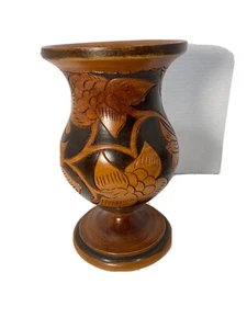 Vintage Hand Carved Turned Wood Footed 10” Vase-Haitian Folk Art-Floral Design - Picture 1 of 6