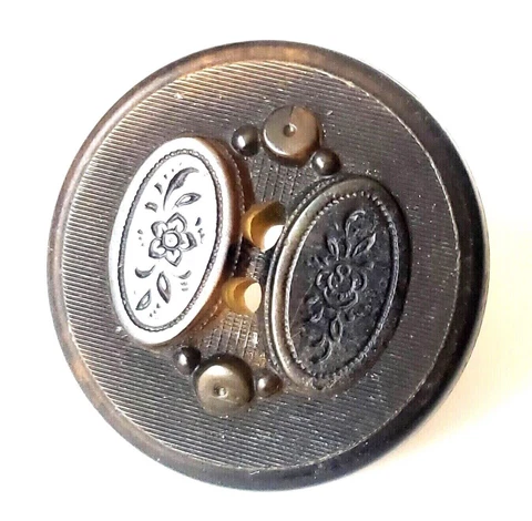 Antique Horn Button with Oval Frames of Incised Flowers 15/16" Cover