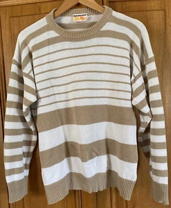 VINTAGE Fun Knit Beige White Ladies Cotton Knit Striped Jumper L  great cond. - Picture 1 of 3