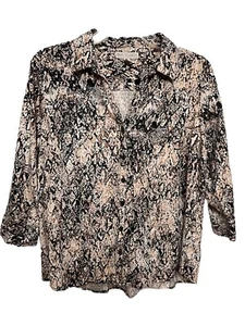 Dana Buchman Blouse SZ Large Black Tan White Snakeskin Button Down V Neck 3/4 Sl - Picture 1 of 10