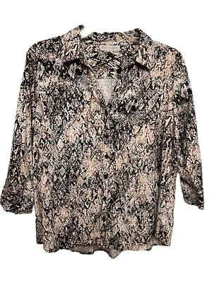Dana Buchman Blouse SZ Large Black Tan White Snakeskin Button Down V Neck 3/4 Sl - Image 1 of 4