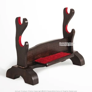 Soporte de exhibición de espada samurai de madera maciza de 2 niveles con acabado de manchas oscuras forrado de terciopelo - Imagen 1 de 3