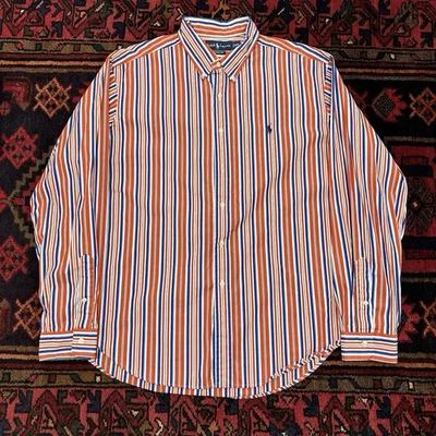 Vintage 90s 00s Ralph Lauren Classic Fit Orange/ Blue Striped Button Down XXL - Image 1 of 4