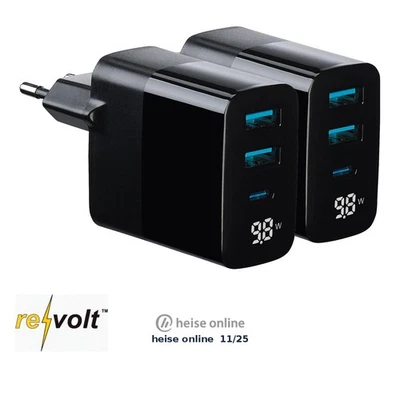 revolt 2er-Set 30W 3-Port-USB-Netzteile, USB-C & 2x Typ A, Display, PD - Bild 1 von 4