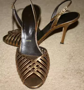 Vera Wang BRONZE Metallic LEATHER Slingback Strappy SANDALS 3.5" Heels Sz US 9 - Picture 1 of 6