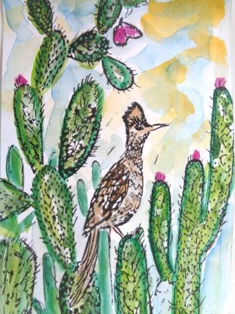 Единственный в своем роде - оригинальный пустынный кактус ROADRUNNER BIRD акварельная картина - Изображение 1 из 1