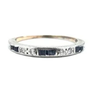Art Deco 18ct Yellow & White Gold Ring W/ Natural Diamond & Sapphire - Size L - Picture 1 of 8