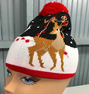Christmas Fawn 51-54cm Small / Kids Holiday Winter Ski Stocking Pom Cap Hat - Picture 1 of 6