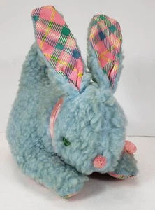 Vintage Plüsch HASE wollig blau pastell kariert Ohren & Unterseite - Bild 1 von 6